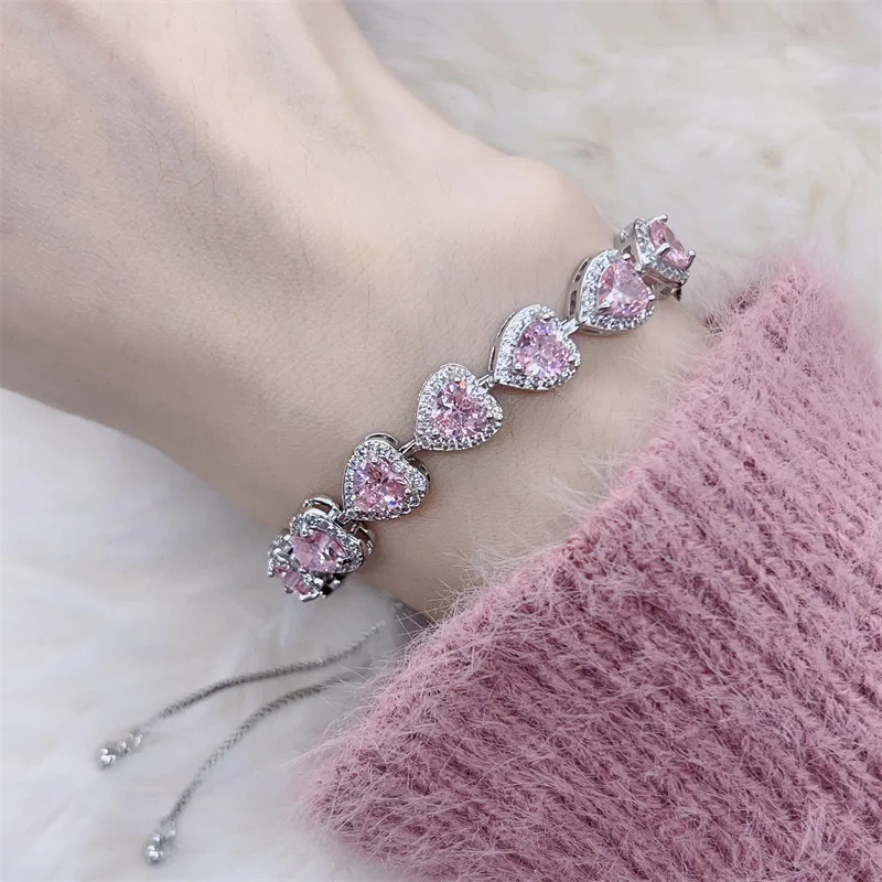 New in pink gemstone heart-shaped bracelets for women with adjustable high-end light luxury white bracelet wedding jewelry gift - Image 5