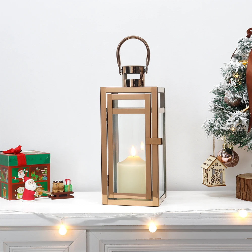 Stainless Steel Candle Holder Lanterns Rose Gold Hanging Lantern Candlestick Light for Indoor Outdoor Weddings Party Home Decor - Image 3