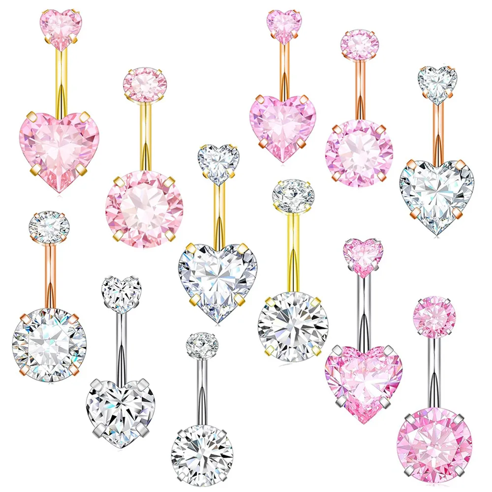 Stainless Steel Belly Piercing Jewelry Heart Cubic Zirconia Belly Button Rings for Women Fashion Navel Ring Body Jewelry Pink