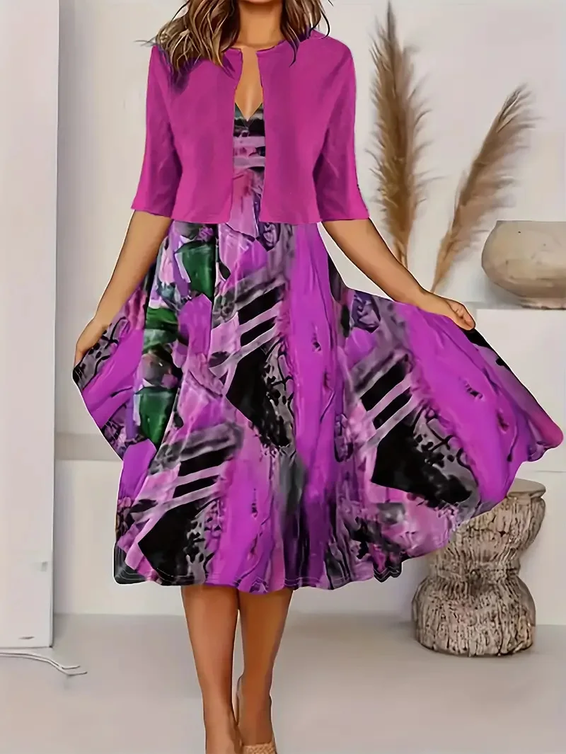 2024 Europe and the United States autumn new women's long dress two-piece set of floral print round neck dress coat women - Image 6