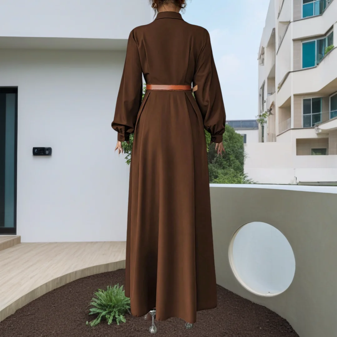 Women's Elegant Long Lantern Sleeve Office Dress Fashion Pleated A-Line Maxi Dresses Autumn 2025 Casual Long Shirt Vestidos - Image 4