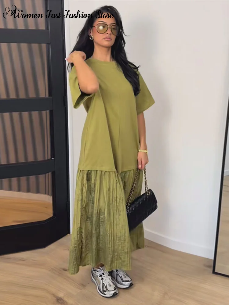 2026 Summer New Loose Patchwork Dresses Women's Pleated Fashion Short Sleeve O-neck Long Robes Female Elegant Casual Dress - Image 2