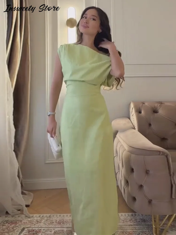 Elegant One Shoulder Solid Dress Women's Waist-cinching Side Split Ankle-length Dresses 2026 Summer New Lady Casual Cozy Robes - Image 2