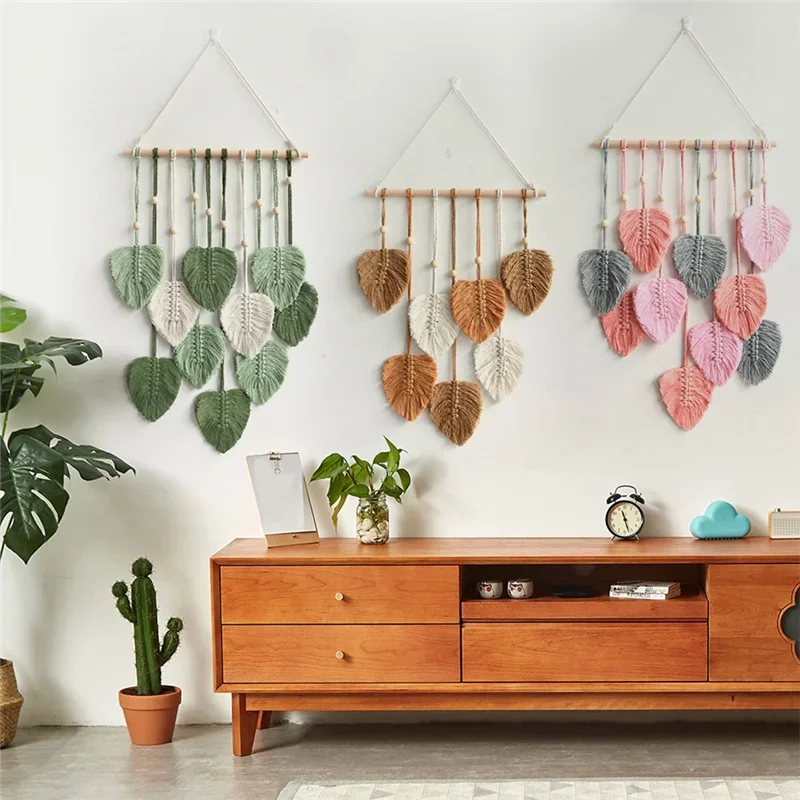 Leaf Macrame Wall Hanging Boho Room Home Decor Woven Aesthetic Wall Tapestry Home Room Wedding Decoration Green - Image 5
