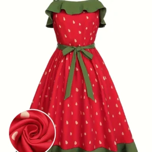 Plus Size Strawberry Print Dress Women's Red Strapless Sundress Green Lace Trim Summer Dress Free Shipping