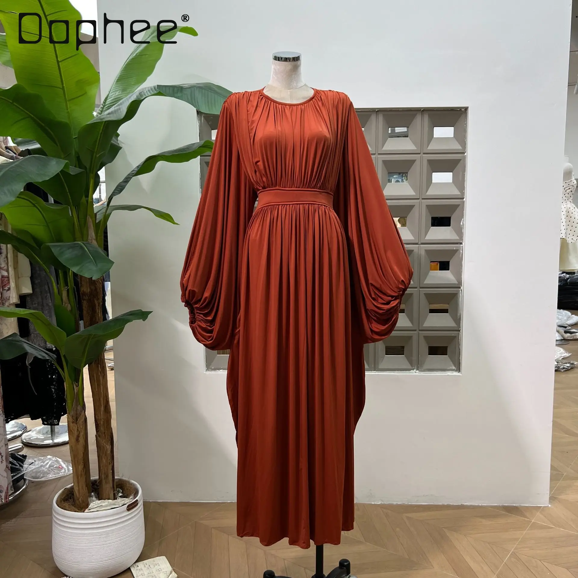 European American Women Clothing Fashion Bat Long-sleeved High-waisted Dress High-end Elegant Mid-length Dress Evening Dresses - Image 2