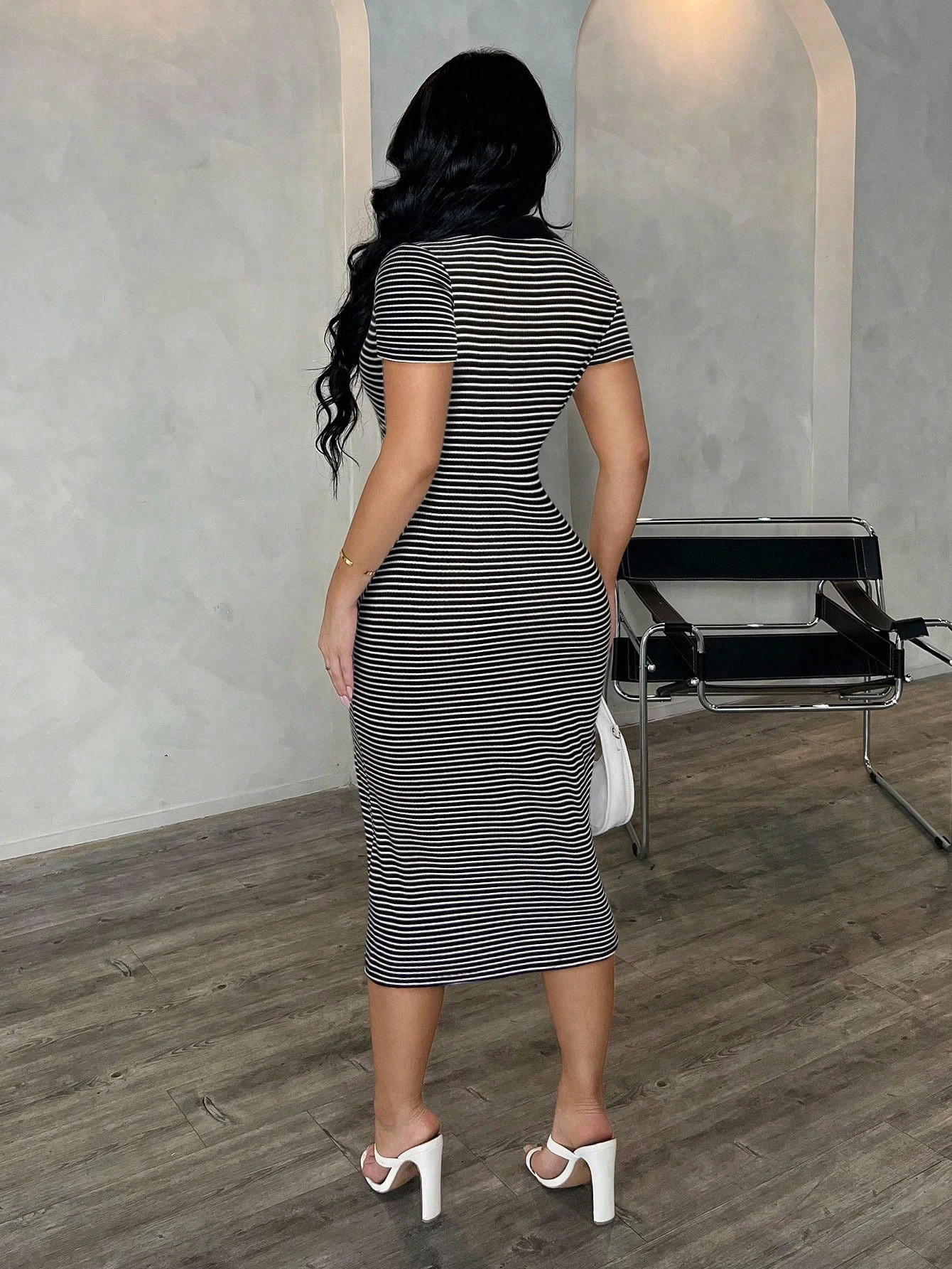 Women’s Striped Polo Dress with Button Front, Short Sleeve Knit for Casual Street & Coffee Date - Image 4