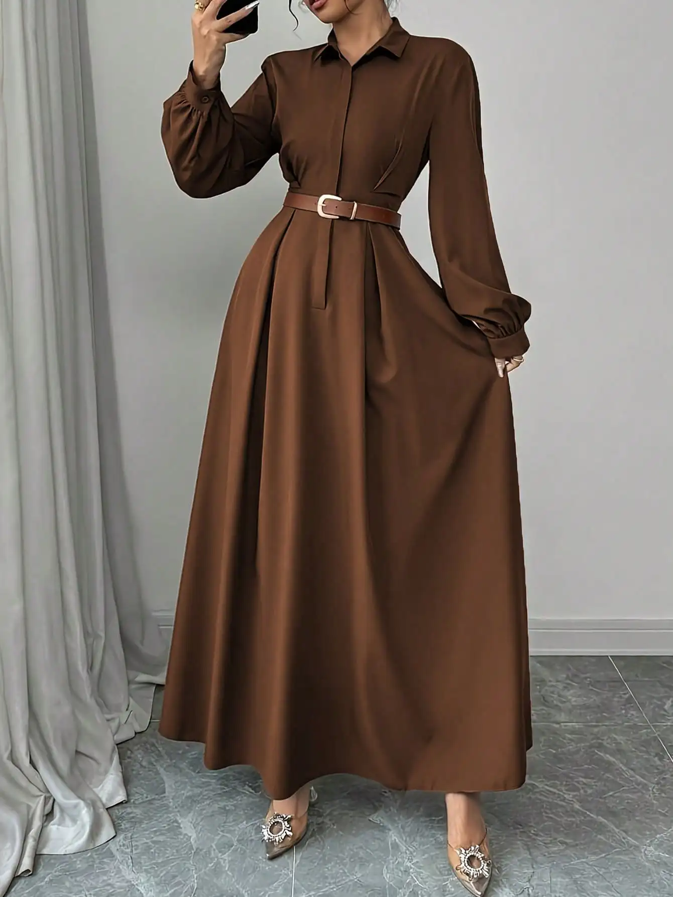 Women's Elegant Long Lantern Sleeve Office Dress Fashion Pleated A-Line Maxi Dresses Autumn 2025 Casual Long Shirt Vestidos - Image 3