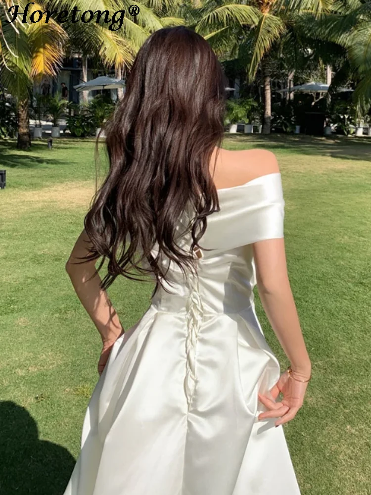 Horetong Bow Slash Neck Sexy Dress Summer Women White Fairy Elegant A-Line Midi Dresses Female Party Prom Clothes Vestdios - Image 2