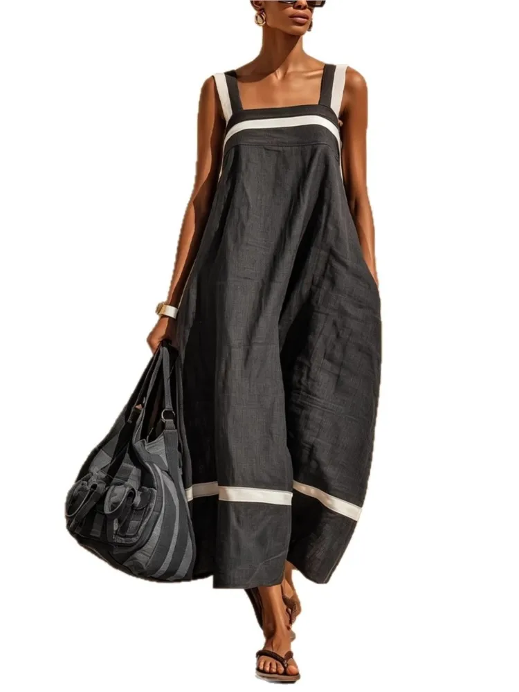Summer New Loose Suspender Dress Woman's Solid Big Hem Long Dress Fashion Casual Simple Dresses For Women Holiday Party Vestidos - Image 4