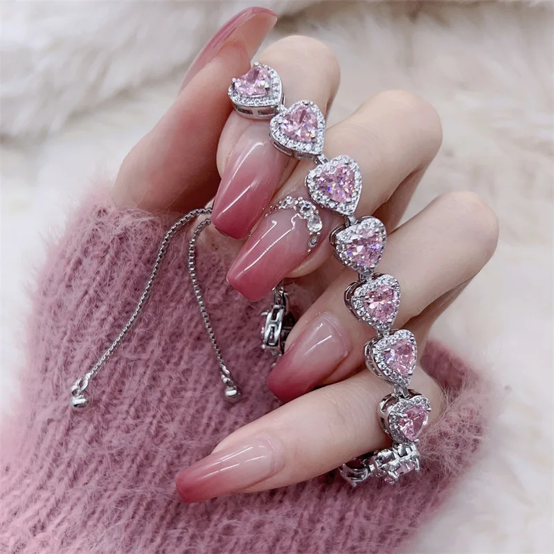 New in pink gemstone heart-shaped bracelets for women with adjustable high-end light luxury white bracelet wedding jewelry gift - Image 6