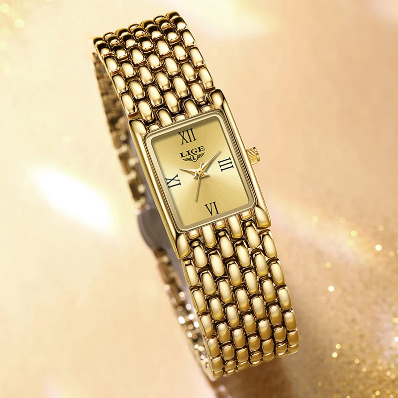 LIGE Fashion Women Watch Simple Square Gold Stainless Steel Waterproof Watches For Women Outdoor Sports Quartz Ladies Wristwatch - Image 2