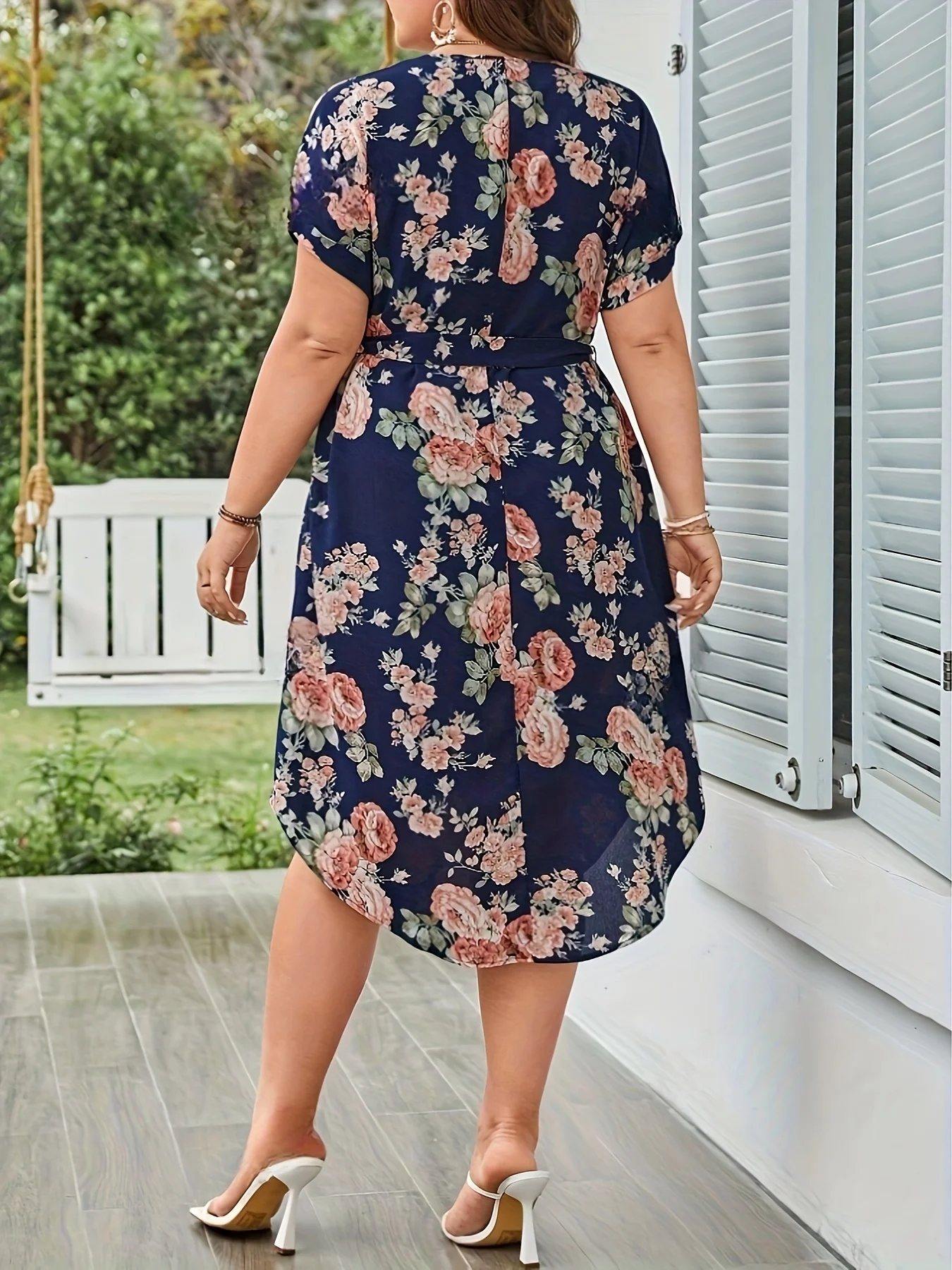Plus Size Summer Women Elegant Dress Vacation Vintage Floral Print Casual V Neck Lace Up Dresses - Image 2