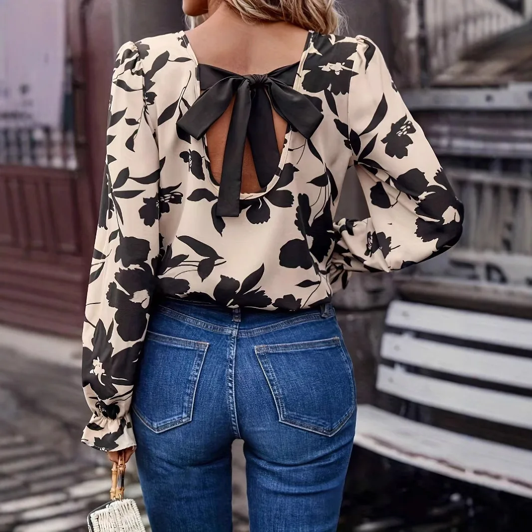 Blouse Top Women Flower Print Backless Lace Up Round Collar Full Sleeve Tops Streetwear Female Blouses Spring Summer 2026