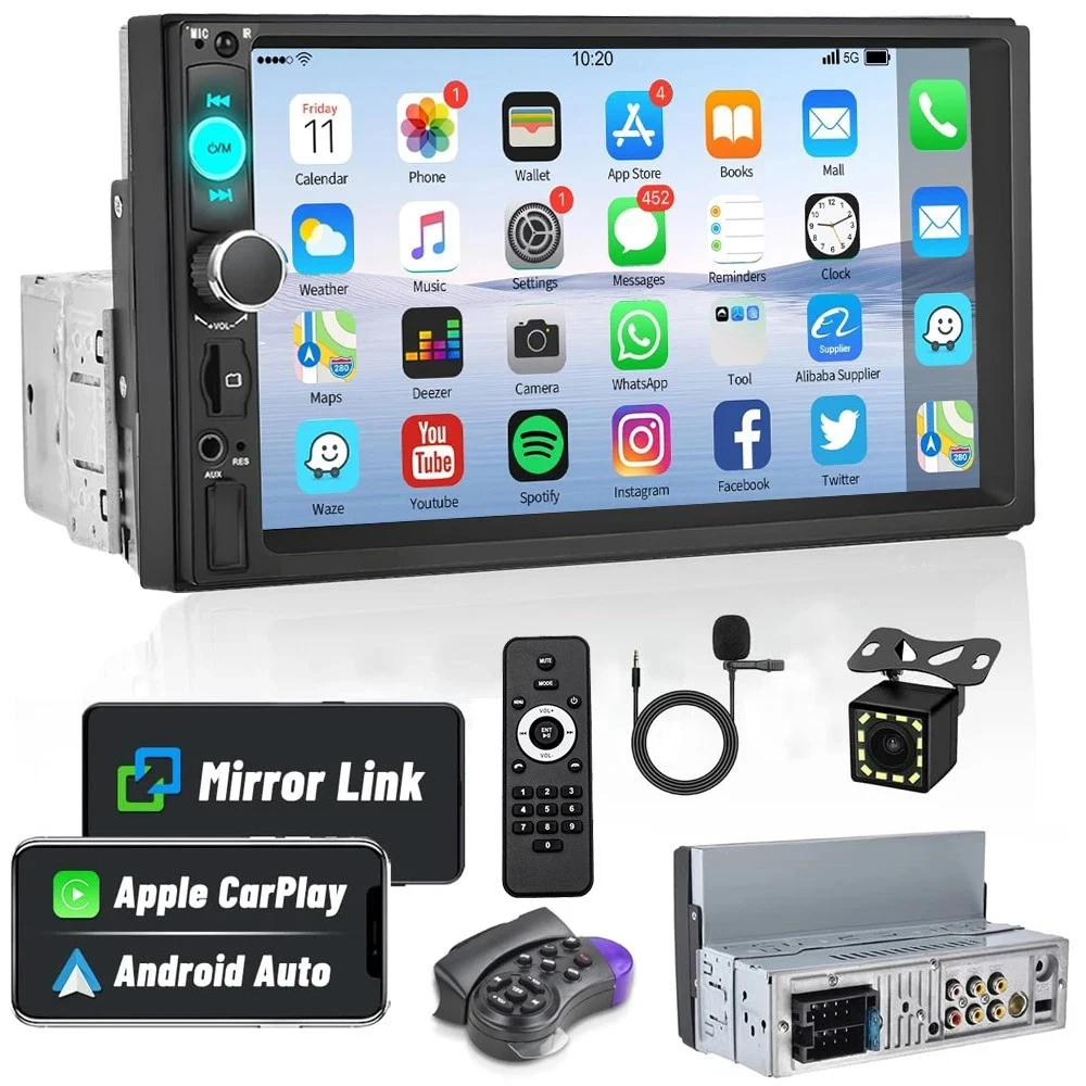 7inch Quality Single 1Din Touch Screen Car Stereo Radio With Handle Remote Control Camera For Apple/Android CarPlay Bluetooth