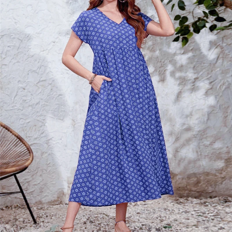 Plus size women's dress, Bohemian ethnic style printed V-neck batball sleeve dress, elastic waist, with pockets - Image 5