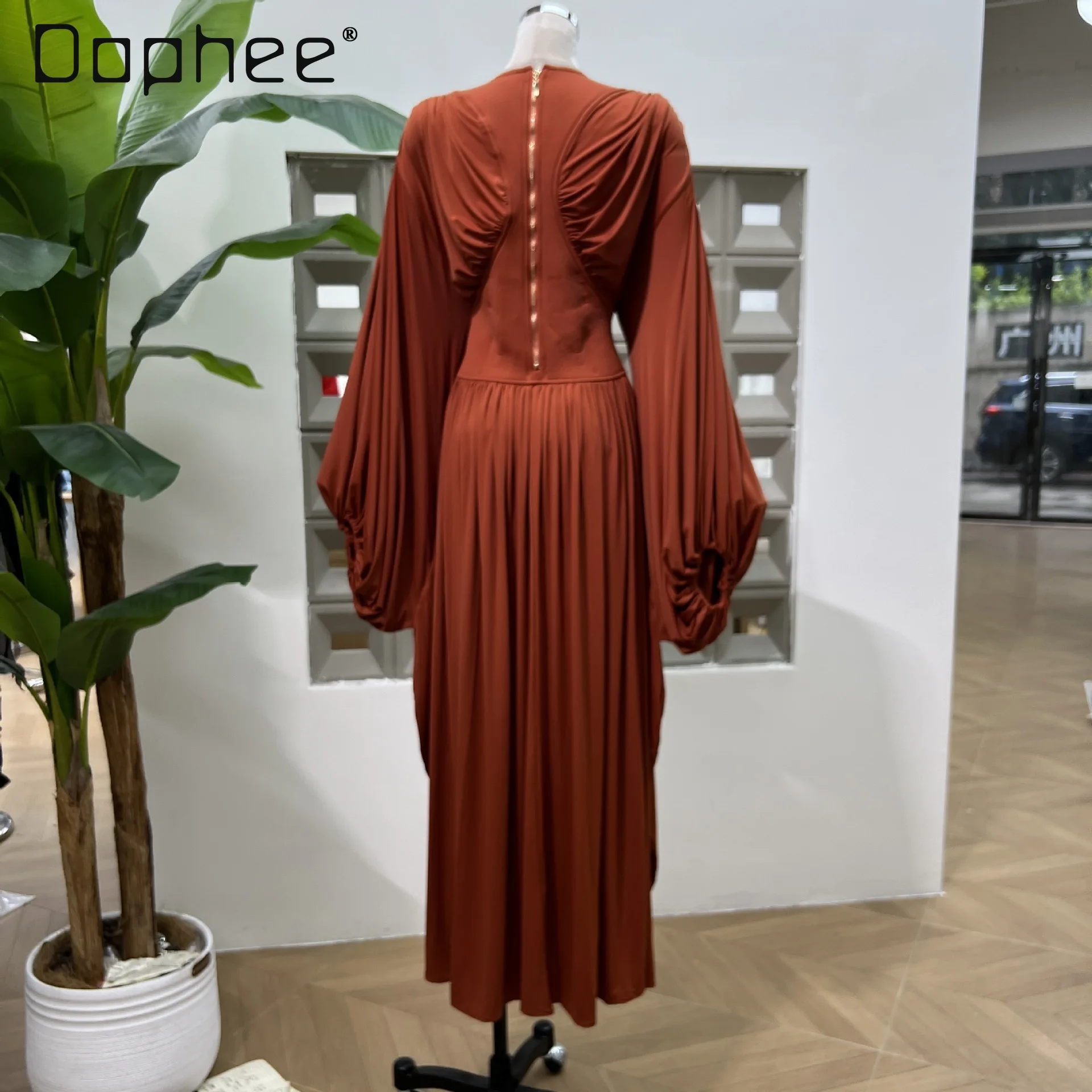 European American Women Clothing Fashion Bat Long-sleeved High-waisted Dress High-end Elegant Mid-length Dress Evening Dresses - Image 4