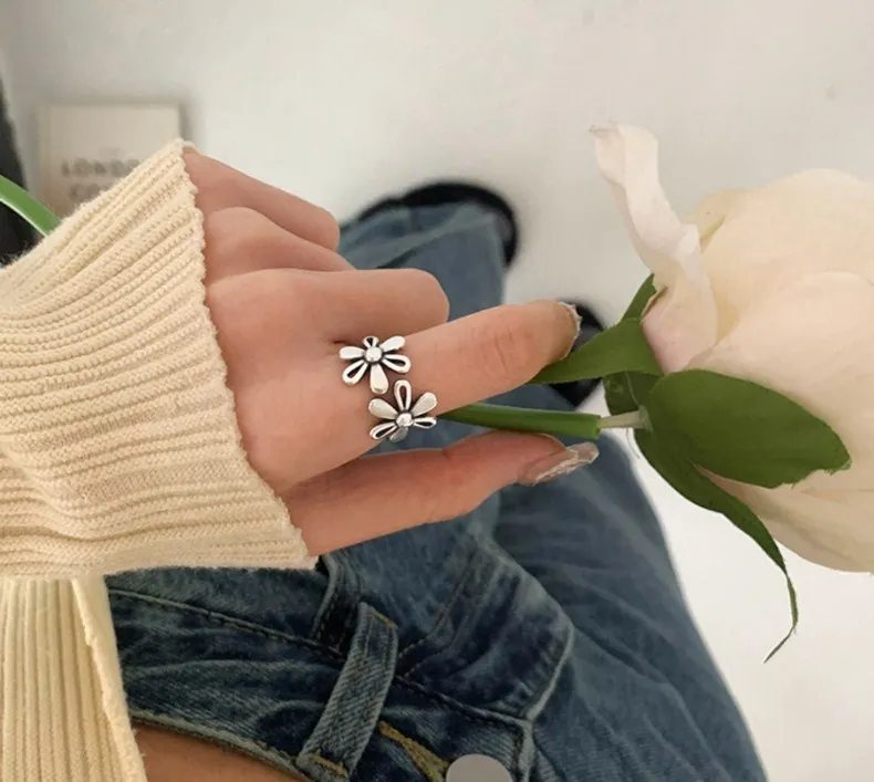 Sweet Little Lucky Flower Vintage Thai Silver Ladies Party Ring Jewelry For Women Birthday Gifts Never Fade Cheap - Image 6