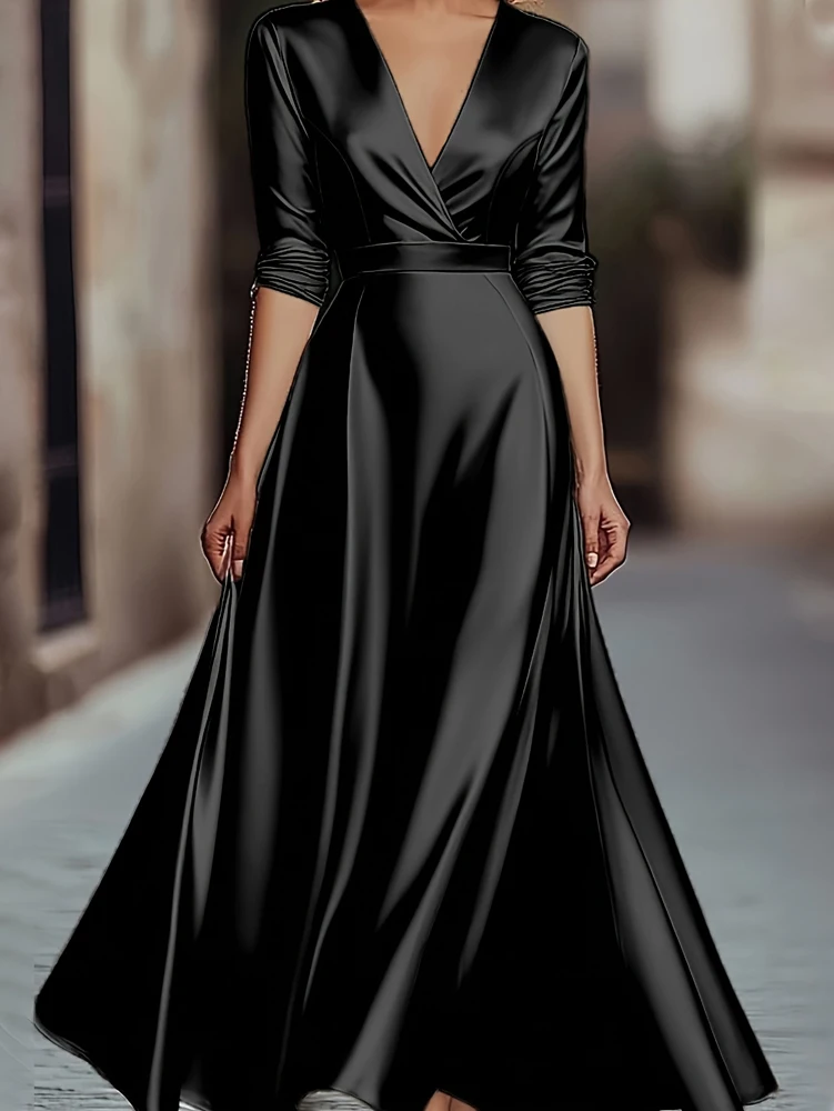 Spring/Autumn Collection: French-inspired Elegance Luxury-feel V-neck Long-sleeved Fitted Waist Dress Evening Gown for Banquets - Image 4