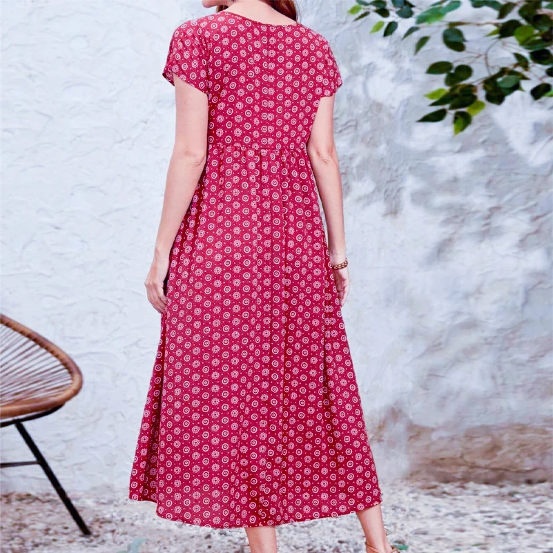 Plus size women's dress, Bohemian ethnic style printed V-neck batball sleeve dress, elastic waist, with pockets - Image 3