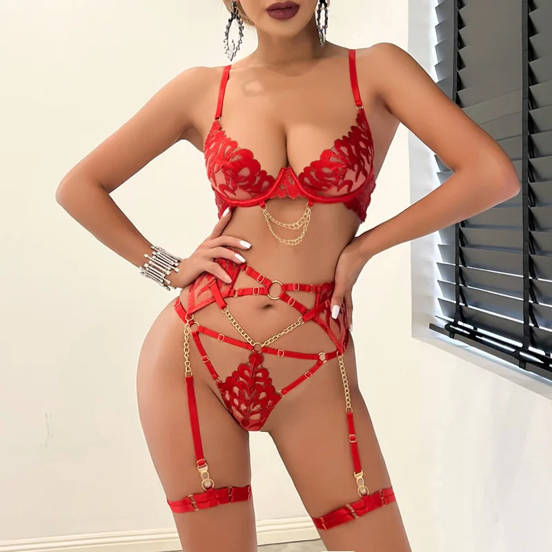 Ellolace Hot Women's Lingerie Sets Charming Bra Belt Thong 3PC with Leg Circles Fantasy Deep V-neck Women Intimate Underwear - Image 6