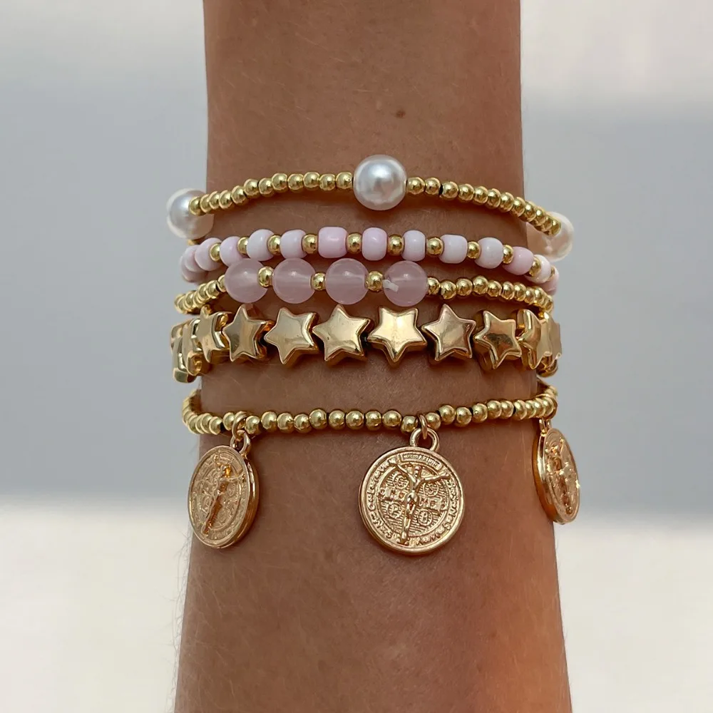 Retro Round Carved Pendant Bracelet 2026 Multi Layer Gold Color Star Round Bead Elastic Thread Woven Girls' Fashion Jewelry - Image 3