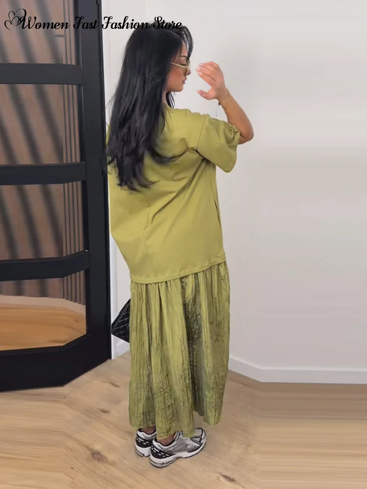 2026 Summer New Loose Patchwork Dresses Women's Pleated Fashion Short Sleeve O-neck Long Robes Female Elegant Casual Dress - Image 3