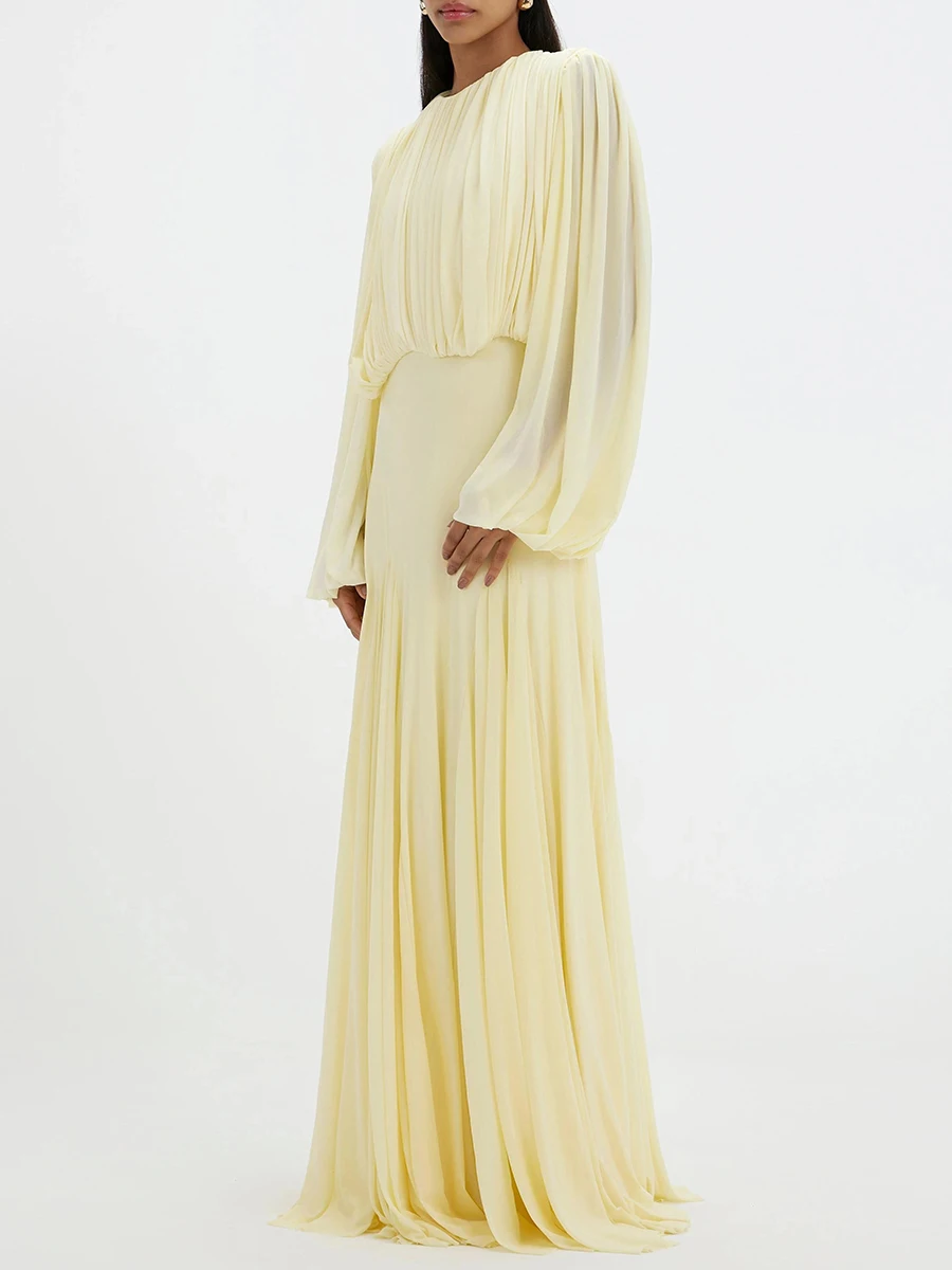 VGH Yellow Dinner Loose Folds Maxi Dresses for Women O Neck Shoulder Pud High Waist Temperament Dress Female Fashion Clothing - Image 2