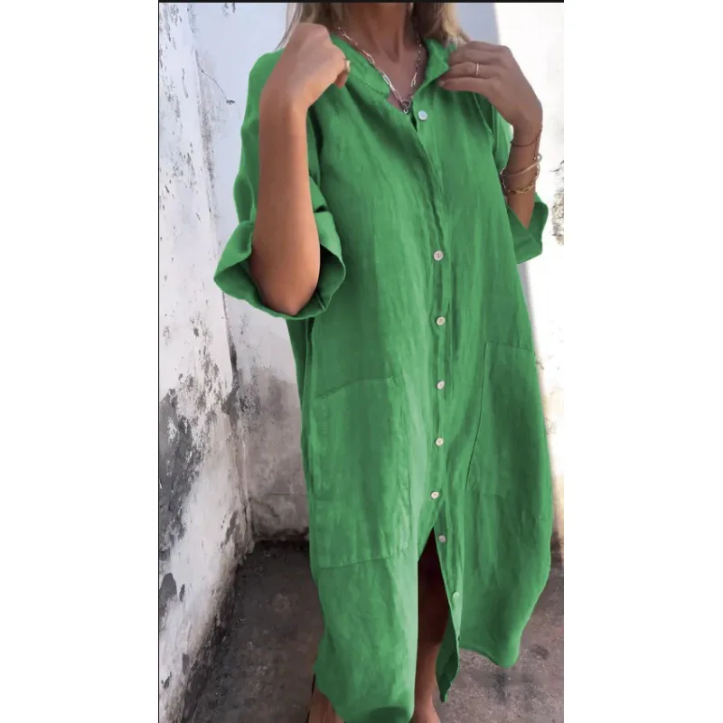 2026 Women's Old Money Shirt Dress Loose Button Pocket Half Sleeve Solid Color Casual Long Cotton and Linen Shirt Dresses - Image 5