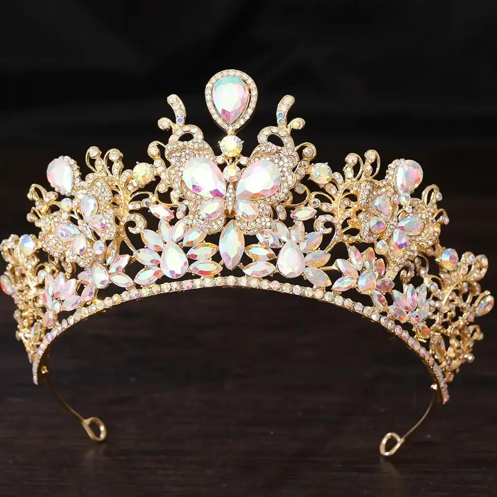 DIEZI Elegant Luxury Gift Queen Princess AB Crystal Butterfly Tiara Women Wedding Party Baroque Crown Hair Dress Accessories