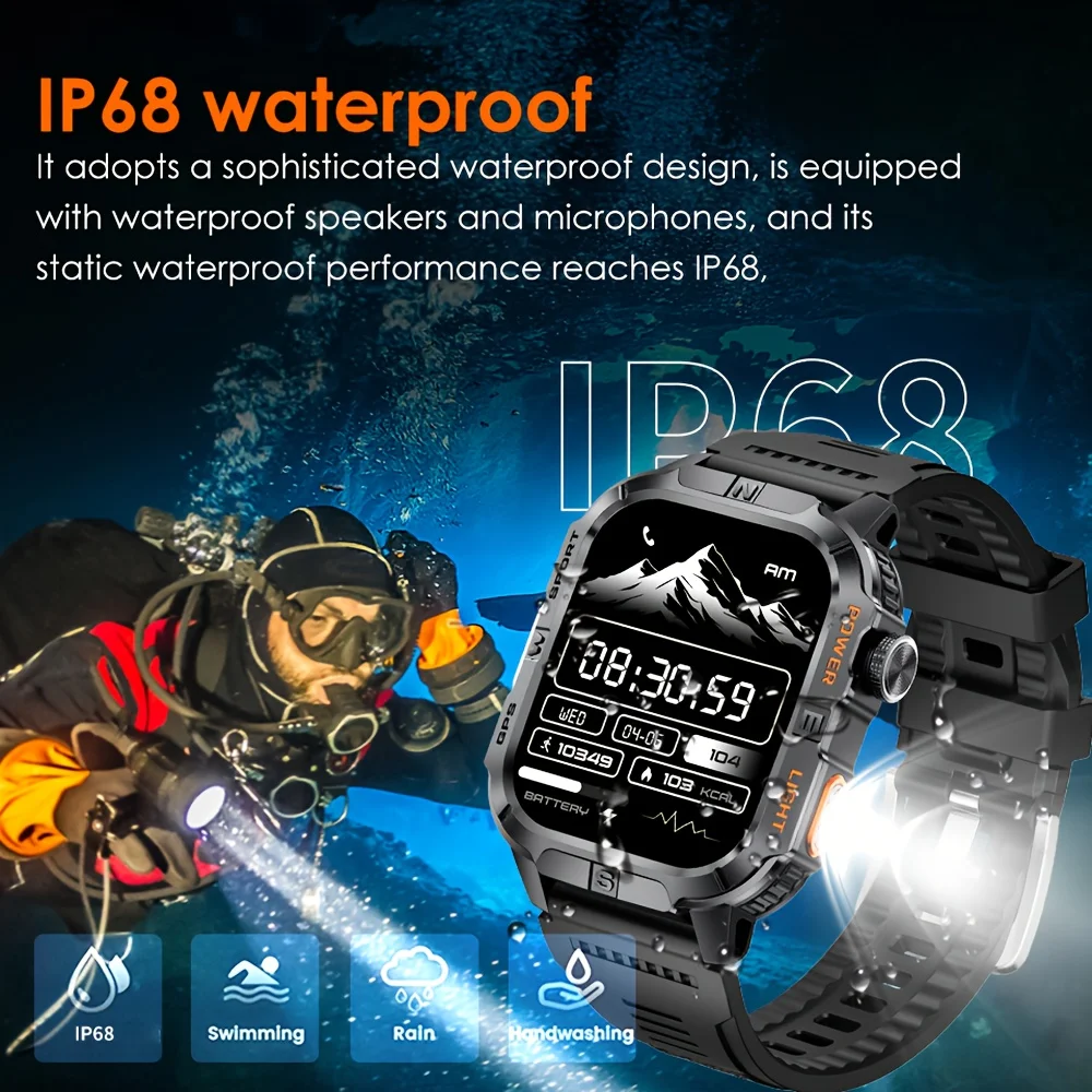 2026 New Outdoor Military Men's Smartwatch Is Equipped With GPS LED Lighting, A Compass, Wireless Communication, IP68 Waterproof - Image 6