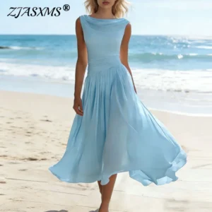 Spring Summer Sleeveless Cowl Neck Maxi Dress Woman Elegant Solid Ruched Waist A-Line Party Dresses Casual Boho Long Dress Mujer