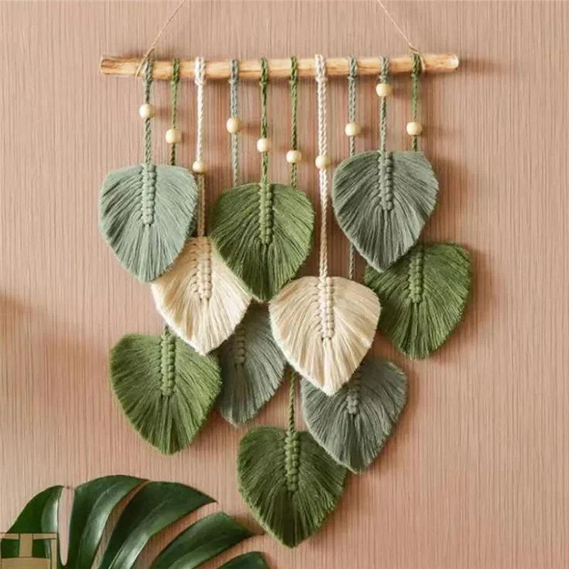 Leaf Macrame Wall Hanging Boho Room Home Decor Woven Aesthetic Wall Tapestry Home Room Wedding Decoration Green - Image 3