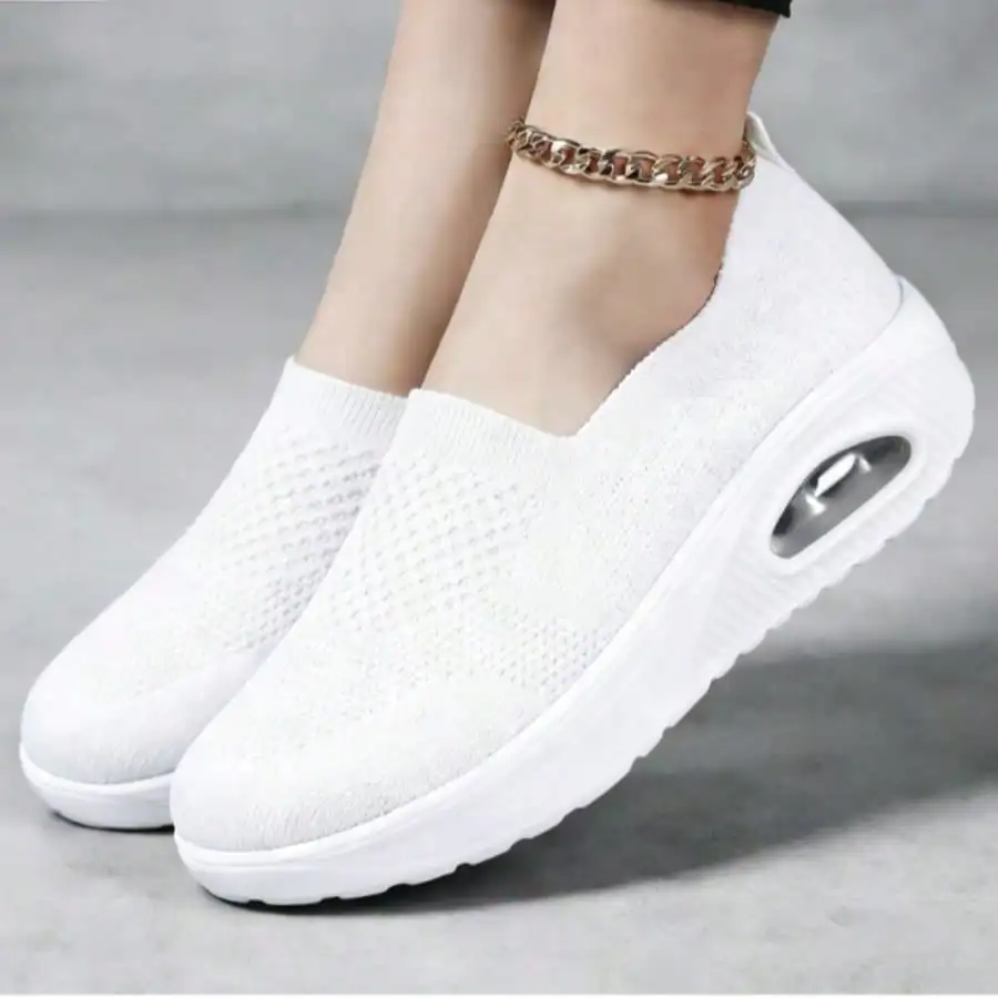 Ladies White Slip-On Air Cushion Wedge Sneakers, Breathable Mesh Casual Walking Shoes, Comfortable Platform Mules for Daily & Nu