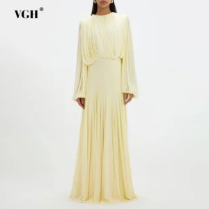 VGH Yellow Dinner Loose Folds Maxi Dresses for Women O Neck Shoulder Pud High Waist Temperament Dress Female Fashion Clothing