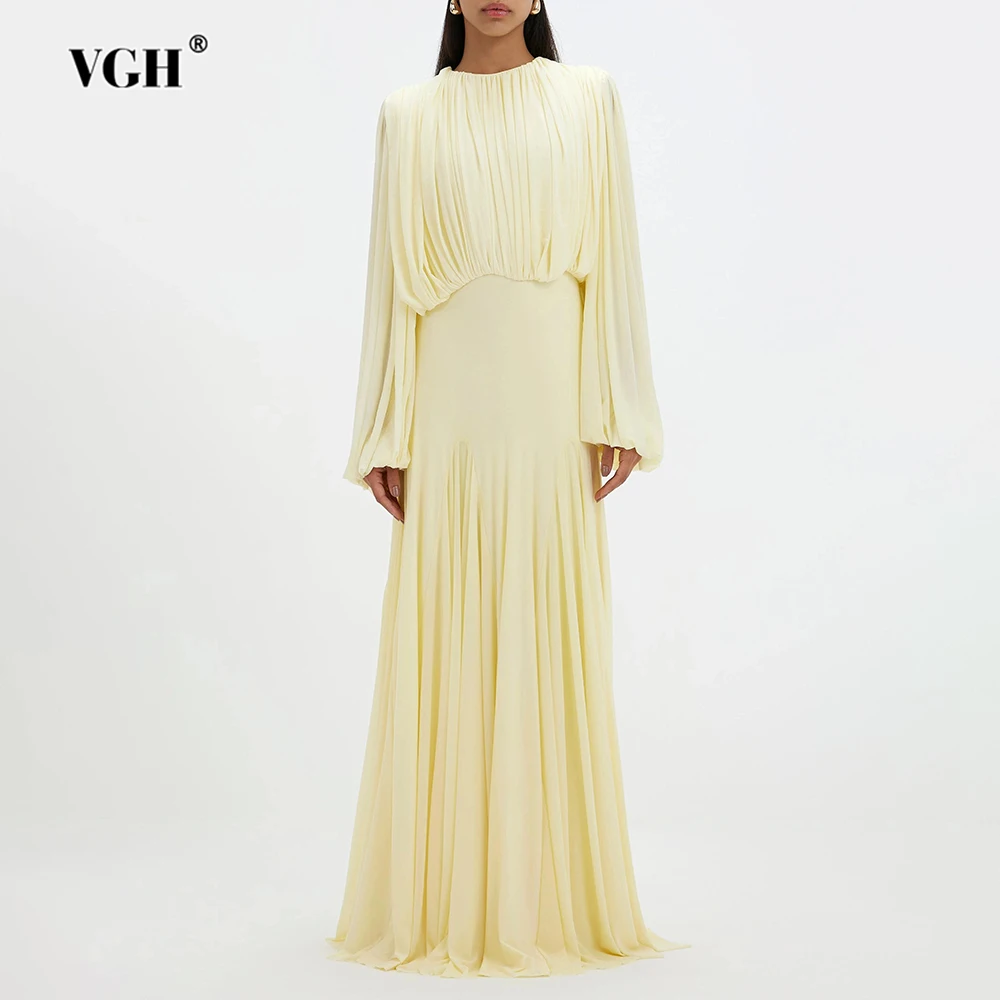 VGH Yellow Dinner Loose Folds Maxi Dresses for Women O Neck Shoulder Pud High Waist Temperament Dress Female Fashion Clothing