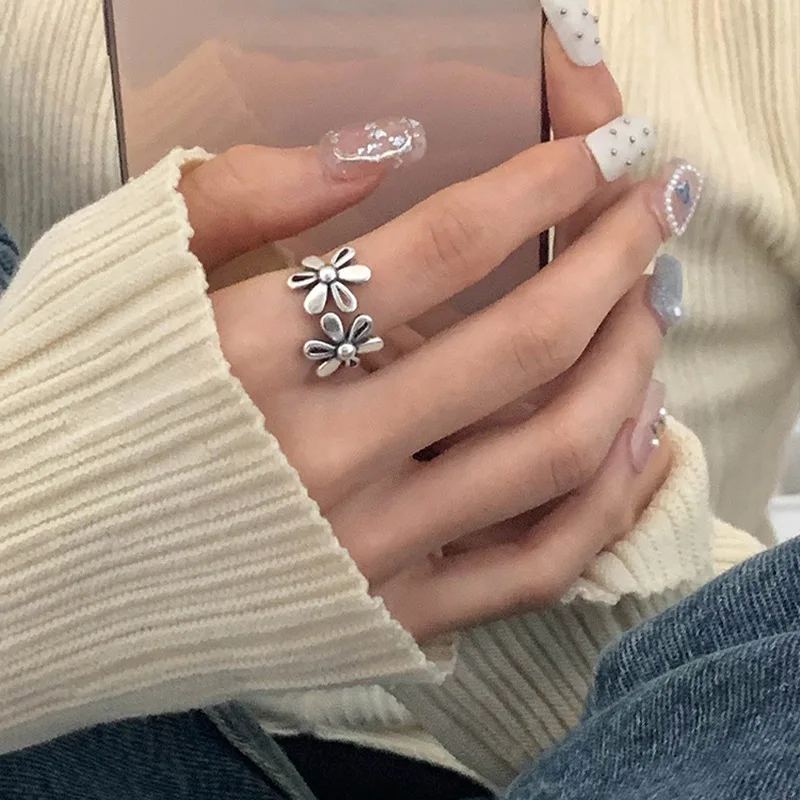 Sweet Little Lucky Flower Vintage Thai Silver Ladies Party Ring Jewelry For Women Birthday Gifts Never Fade Cheap - Image 4
