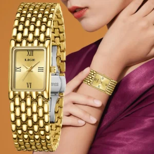 LIGE Fashion Women Watch Simple Square Gold Stainless Steel Waterproof Watches For Women Outdoor Sports Quartz Ladies Wristwatch