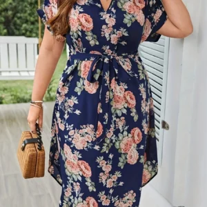 Plus Size Summer Women Elegant Dress Vacation Vintage Floral Print Casual V Neck Lace Up Dresses
