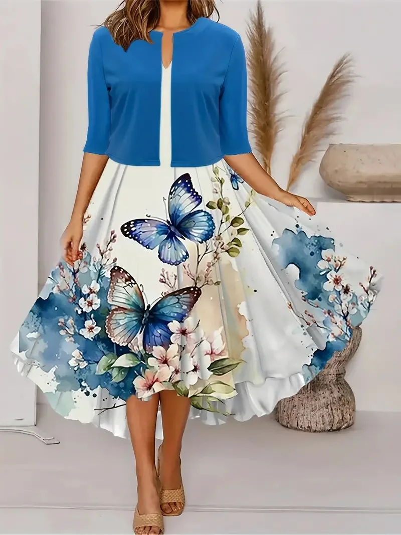 2024 Europe and the United States autumn new women's long dress two-piece set of floral print round neck dress coat women - Image 5