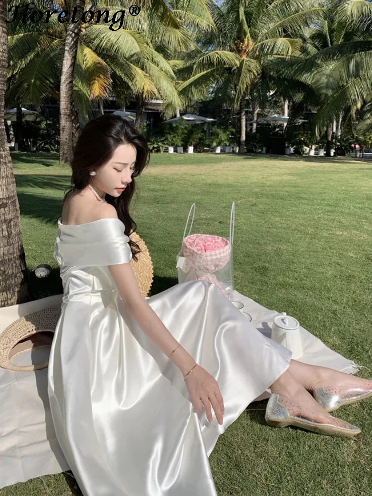Horetong Bow Slash Neck Sexy Dress Summer Women White Fairy Elegant A-Line Midi Dresses Female Party Prom Clothes Vestdios - Image 5