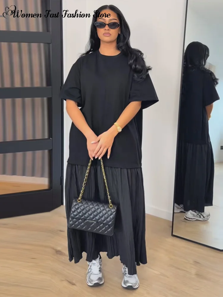 2026 Summer New Loose Patchwork Dresses Women's Pleated Fashion Short Sleeve O-neck Long Robes Female Elegant Casual Dress - Image 5