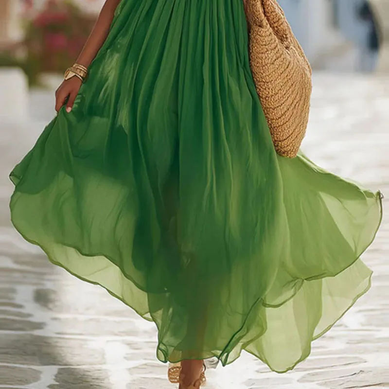 Boho Sleeveless Summer Beach Vacation Maxi Dress Woman Spring V Neck Lace Trim Pleated Long Dress Loose Casual Swing Party Dress - Image 4
