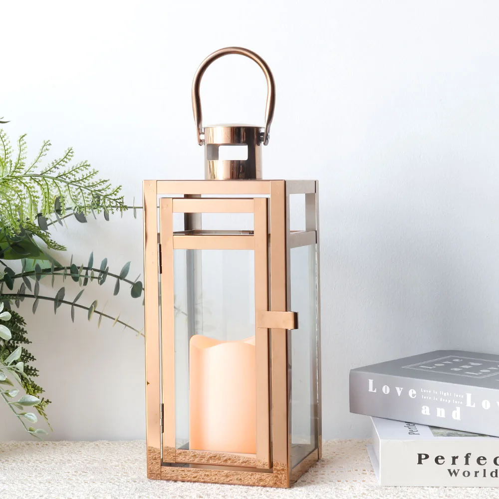 Stainless Steel Candle Holder Lanterns Rose Gold Hanging Lantern Candlestick Light for Indoor Outdoor Weddings Party Home Decor - Image 4