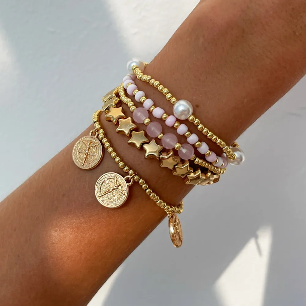 Retro Round Carved Pendant Bracelet 2026 Multi Layer Gold Color Star Round Bead Elastic Thread Woven Girls' Fashion Jewelry - Image 2
