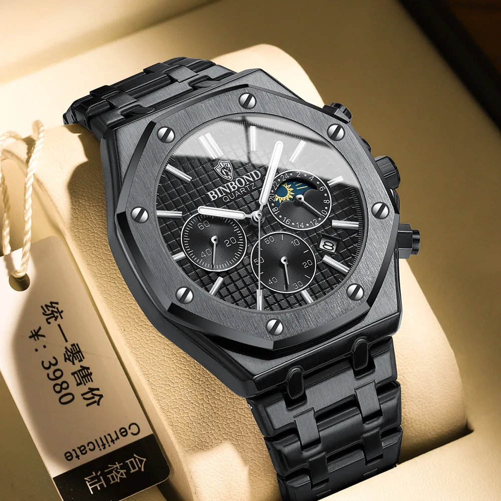 BINBOND 0161 Fashionable Men's Quartz Watch Three Eye Six Needle Chronograph Waterproof Luminous Calendar Men's Quartz Watch - Image 6