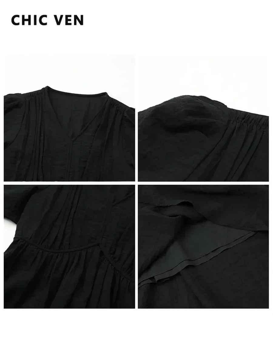 CHIC VEN Women Dresses French Style Vintage V-neck Puff Sleeve Long Dress Solid Black Loose Female Clothing Summer New 2023 - Image 4