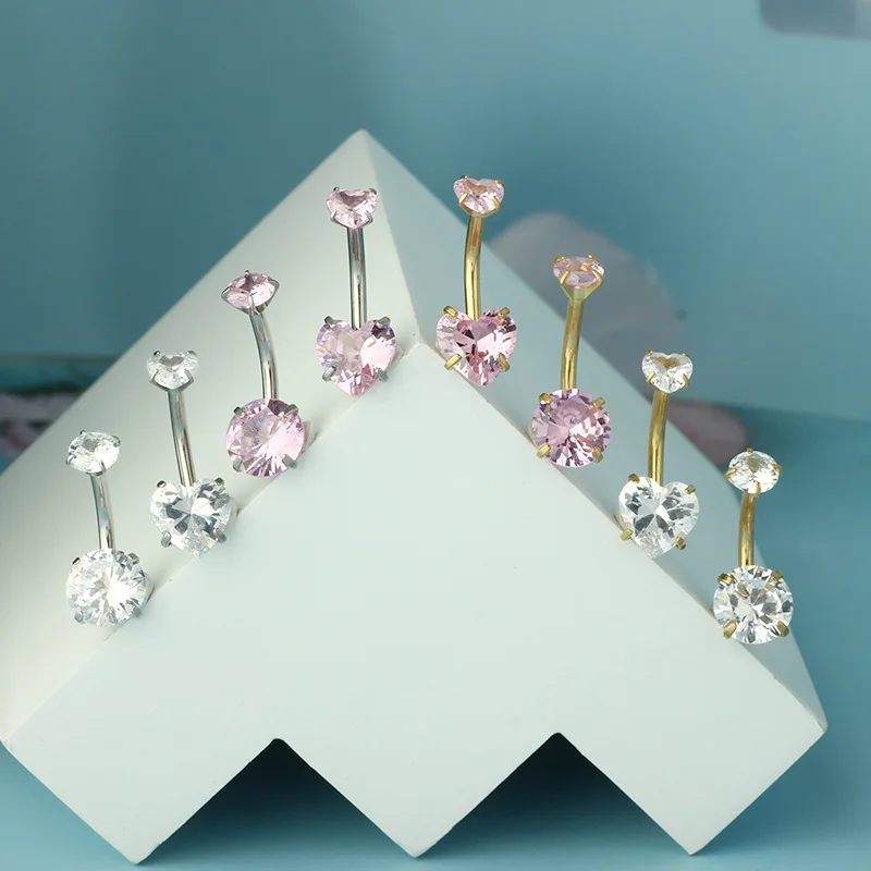 Stainless Steel Belly Piercing Jewelry Heart Cubic Zirconia Belly Button Rings for Women Fashion Navel Ring Body Jewelry Pink - Image 2