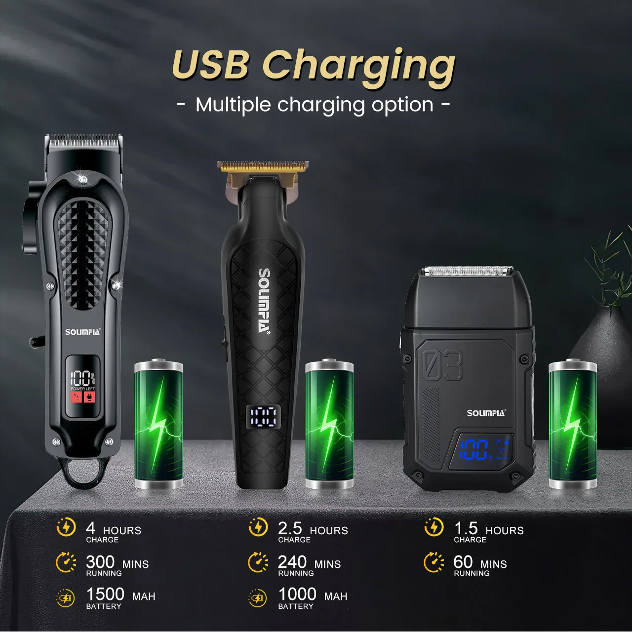 Solimpia Professional Hair Clipper 3-piece Set for Men Rechargeable Cordless Barber Clippers for Wet/Dry Hair Cutting - Image 4