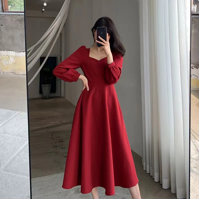 Long Puff Sleeve Solid Elegant Dress Women Clothing Wedding Guest New Year Women Fashion High Waist Slim Evening Party Dresses - Image 4